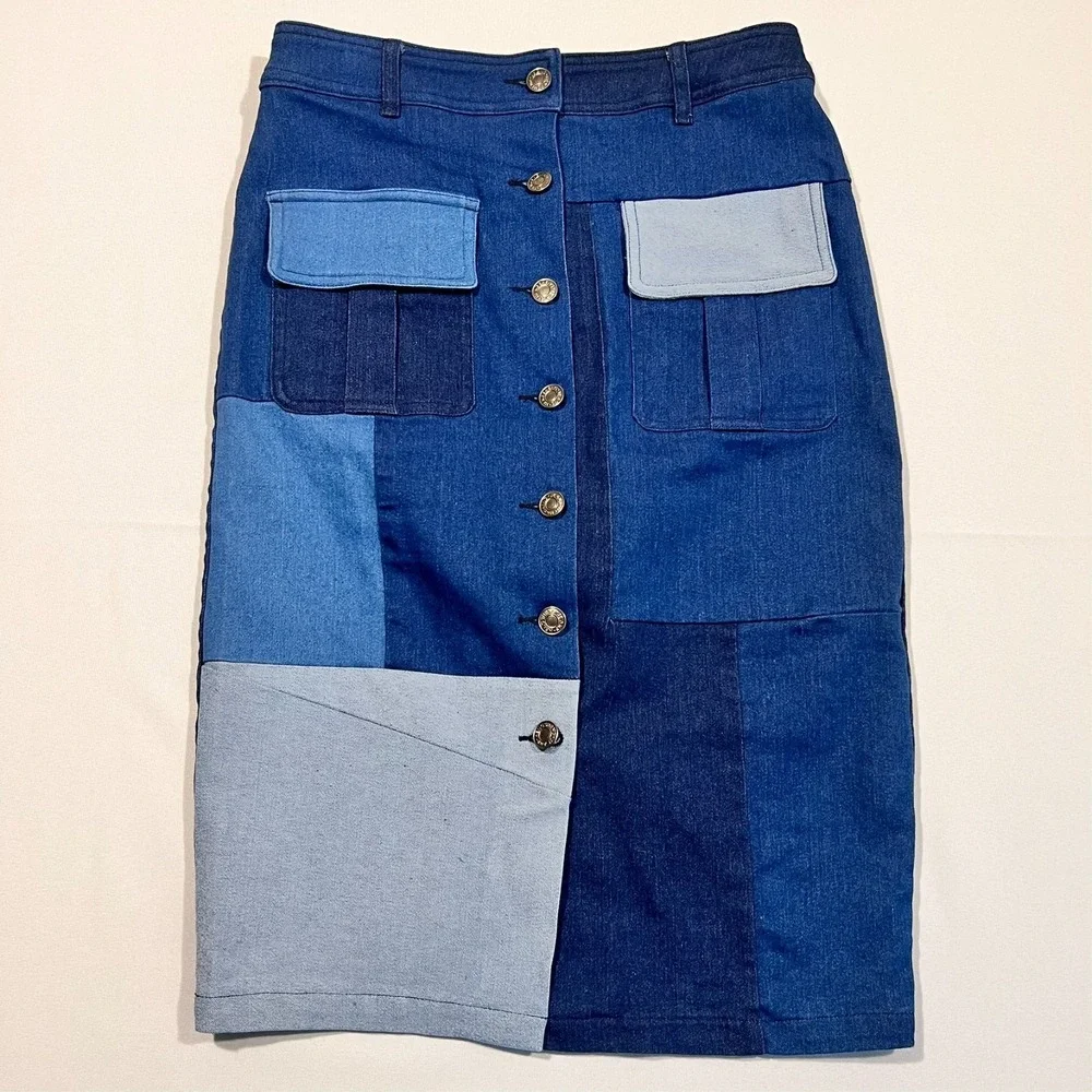 Gracia Skirt Blue Patchwork Denim Button‎ Front Western Midi Women's Small